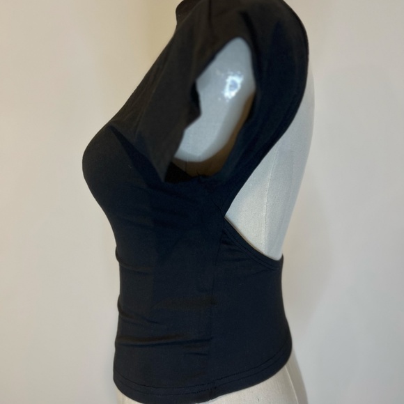 🖤 Black Wide Back Dip Deep Plunging Short Sleeve Stretchy Cute Shirt Summer - Picture 5 of 6